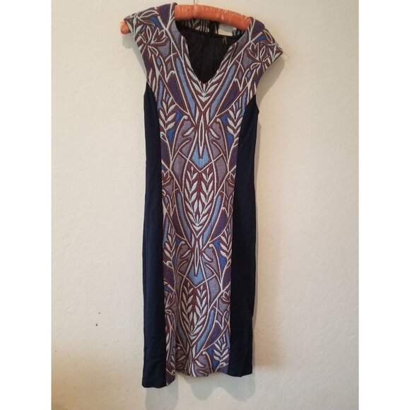 Anthropologie HD in Paris Cleo Jacquard Sheath Dress Split Neck XXS Blue Stretch - Picture 6 of 9